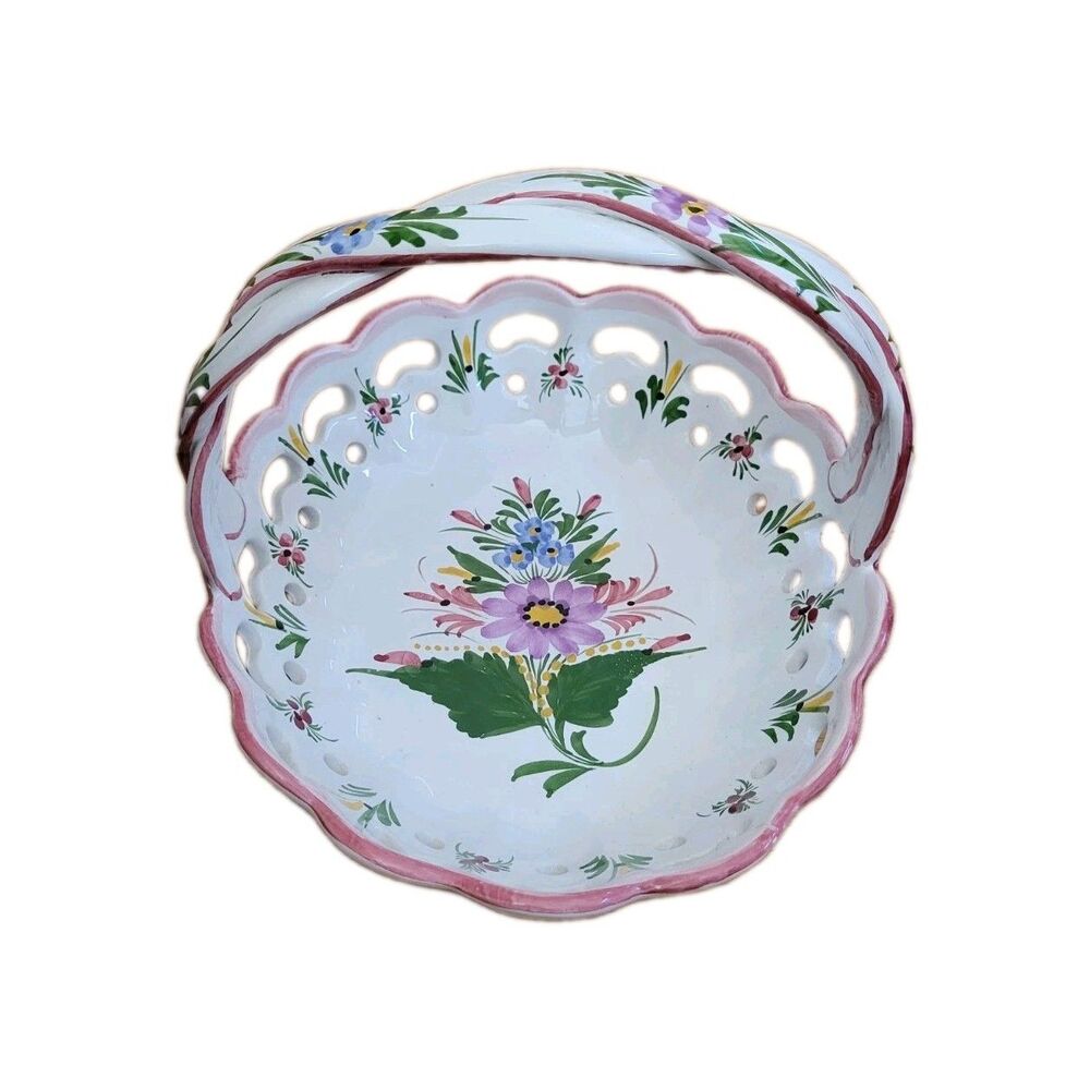 Vintage Hand Painted Portuguese Ceramic Basket Pierced Floral Centerpiece 10.5x9